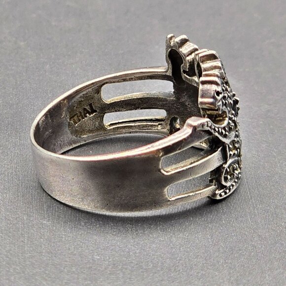 VTG Sterling Silver HAN Marcasite Cat Trio Ring Size 8 Whimsical Feline Design - Picture 5 of 11